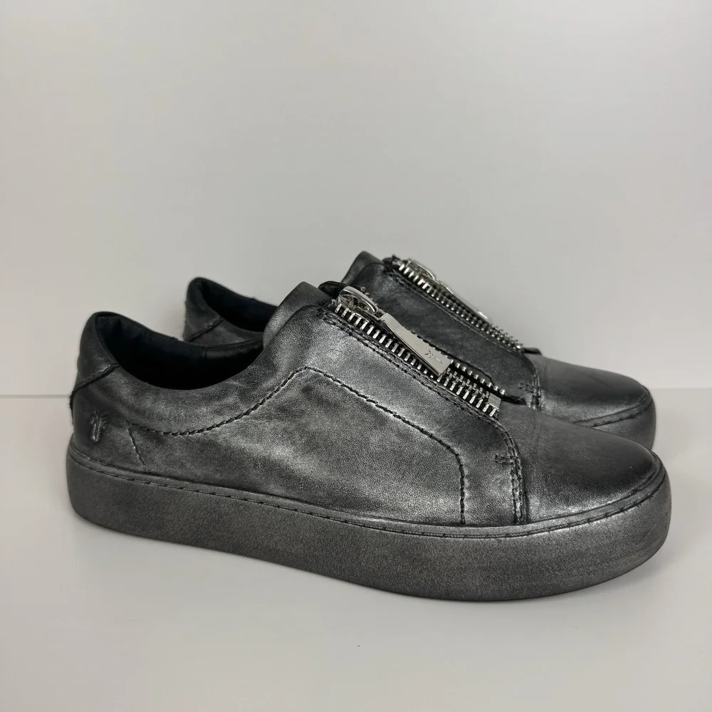 Frye Shoes Women's Sz 6.5 Lena Low Zip Up Leather Casual Sneaker Silver Metallic